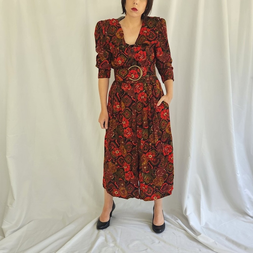 80s Red Floral Rayon‎ Jumpsuit